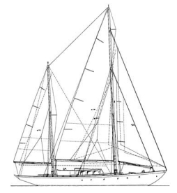 The Rhodes 77 was a large center-boarder drawing only 6 feet 6 inches with the board up. She has a nicely divided rig. The interior provided three double cabins for the owner and guests aft of the deckhouse. Forward was space for a crew of three. A 97-foot stretched version had larger cabins and space for a crew of six (skipper, mate, cook, steward, engineer, and deckhand).