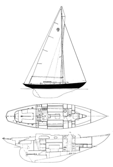 The 39-foot wooden, pre-war Bounty was updated after the war as the 40-foot Bounty II. Launched in 1956, it was the first series-built fiberglass auxiliary sailboat. The design predates fin keels, spade rudders, and short overhangs. Phil Rhodes was noted for drawing beautiful sheerlines.