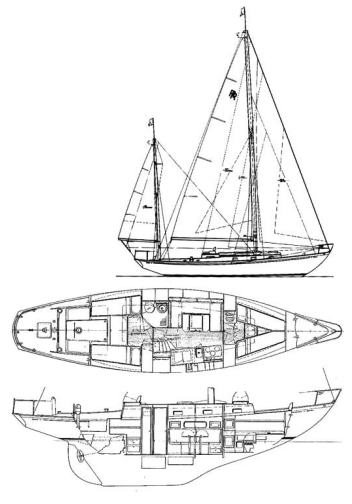 The 41-foot Reliant had a breakthrough interior design in 1963. She offered three separate two-person cabins. This unique layout was accomplished by an offset companionway a few feet forward of the bridge deck, providing access directly to the main cabin and leaving the aft cabin private. The dinette/ double bunk to port and linear galley to starboard saved enough space so there could be a comfortable forward cabin with a sink, hanging locker, and other lockers.