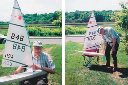 With his radio-controlled Laser, Lionel, at left, extends his sailing seasons by snatching a rare nice day in early spring or late fall. His 42-inch Laser is no toy. Since they were introduced in 1995, more than 8,000 of these boats are sailing in the U.S. Many more are sailed internationally. The beam is 14 inches, mast height is 73 inches. The boat weighs 8 pounds. This diminutive Laser is registered with an international one-design racing class and has her own USA sail numbers. There are rules and a racing schedule, including local and national regattas. Because she draws 16 inches, Lionel modified a chair to accommodate her keel while he rigs her for sail, at right.