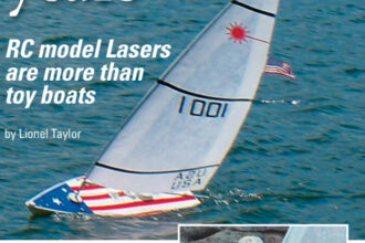 Steve Lang’s boat, top, looks patriotic whether she’s racing in earnest or simply tearing up the surface of a Colorado pond during practice sessions. Toy boat? For kids only? Steve says the Laser will keep the kids entertained, perhaps, but it will also give adults something to enjoy at a mooring during cocktail hour.