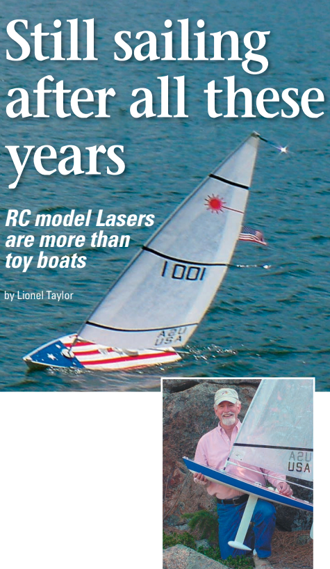 Steve Lang’s boat, top, looks patriotic whether she’s racing in earnest or simply tearing up the surface of a Colorado pond during practice sessions. Toy boat? For kids only? Steve says the Laser will keep the kids entertained, perhaps, but it will also give adults something to enjoy at a mooring during cocktail hour.