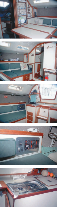 The interior of Gilded Lily has benefited from Walt and Janet’s attention. The dish-storage rack, top photo, exposed only when the bulkhead-mounted table is open, is an example of Walt’s ingenuity. He had to stiffen the bulkhead, and the rack was added as an afterthought. Janet recovered the cushions and Walt moved the electrical control panel from below the galley sink to the nearby settee back, center photos. The galley, bottom photo, is generally in original condition.