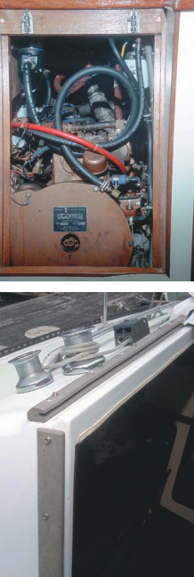 Following a resuscitation, the venerable Atomic 4 has served Lily well, top. Although it came with the boat when she was delivered in 1977, it probably has fewer than 500 hours on it. Several years ago Walt replaced Lily’s companionway trim teak with a plastic and sawdust wood substitute that allows for more sailing and less varnishing, below. He’s been happy with the substitution.