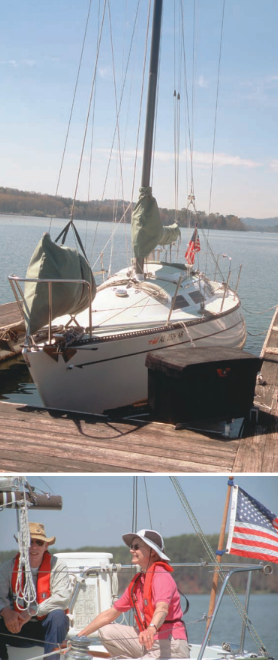 Gilded Lily, a much-loved Ranger 28, above and on facing page, upstages the big causeway at Guntersville Lake, a wide spot on the Tennessee River in Guntersville, Alabama. Her owners, Walt Hodge and Janet Perkins, escape to Alabama from Atlanta, Georgia, whenever they get the chance. When they do, Janet’s on the tiller and Walt mans the sails, below.