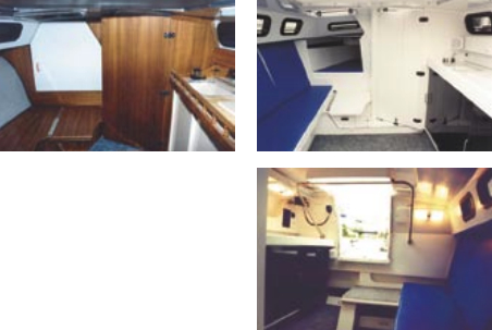 While most of the Rhodes 22s have a teak interior, above, new models are also available with an uncluttered white look which adds a feeling of spaciousness, at right.