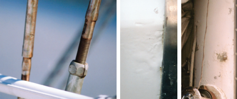 The cracked locking nut is the sort of thing that can be noticed by regular checks of the lower rigging and deck hardware. On facing page: the bubbling of white paint adjacent to the chainplate, at left, indicates corrosion of the aluminum hull. Kinks in the all-wire halyard, at right, are caused by the wire being compressed on the winch. Also notice the corrosion sites on this spar.