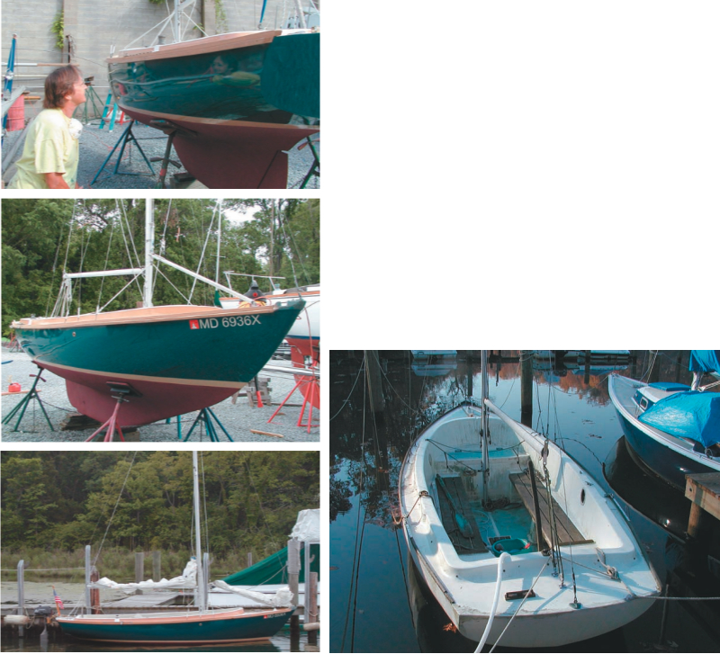 Sandy can see herself in the topside finish of the boat, which she named Romance. One of three Cape Dory Typhoon models, this daysailer is similar in appearance to the Herreshoff 12 1⁄2, with coamings made of fiberglass instead of wood. Only 30 of this model were built. An early photo, on facing page.