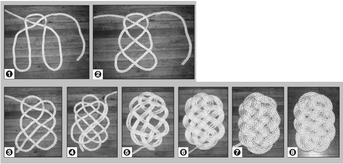 The Ocean Plat fancy knot is tricky to start. But once you’re sure of which part of the line goes over another and which part goes under another during the setup (1, 2, and 3), you simply follow the pattern around, weaving over and under for two more full rounds (4, 5, and 6), winding up with a loosely woven mat (7). Finishing requires patience as you work out the slack, pulling one bight through at a time until you’re satisfied with the symmetry of your mat (8).