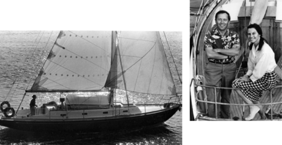 The Roths on their first boat, the 36-foot steel sloop, Golden Feather, in about 1964, at right. Margaret steering the Spencer 35, below.