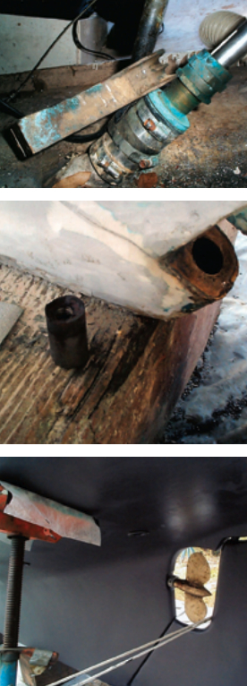 The rudder shaft and stuffing box were so corroded that Chris had trouble freeing the fasteners and working the rudder loose, top. The remains of the broken stainless-steel bottom pin had to be drilled out and removed with an automotive puller, middle. With a newly cleaned and painted bottom, and her feathering Max-Prop back in place, Miss Marley’s performance was about to make a dramatic improvement, bottom.