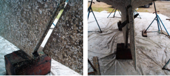 The rudder’s 1-inch stainless-steel bottom pin had rusted through and sheared off, at right. The lack of a bottom pin allowed the rudder to bend off center, far right. Chris estimates that it was 5 degrees to starboard.