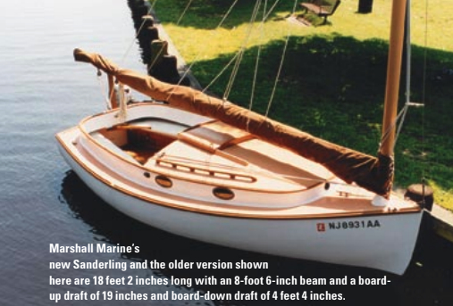 Marshall Marine’s new Sanderling and the older version shown here are 18 feet 2 inches long with an 8-foot 6-inch beam and a board-up draft of 19 inches and board-down draft of 4 feet 4 inches.
