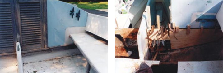 Wood rot was evident around the companionway door and bulkhead, below left. Rob fastened new half frames in place with epoxy, below right.