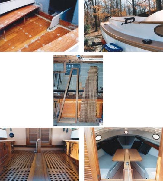 The cockpit sole installation is sanded and prepped, above left. The cockpit grate becomes a reality in Rob’s workshop, center, and in the cockpit, below left. Coaming caps, at right above, and cabin, below.
