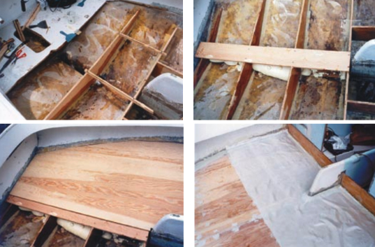 Bulkheads were secured with temporary battens to keep them aligned, above left. Fore and aft stringers tied them together, above right. Because the cockpit sole would not be removable, the installation needed to be impervious to water, below left and right.