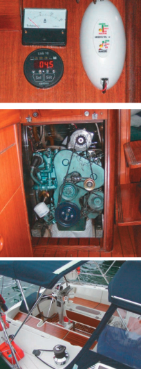 The status of Sampatecho’s wind generator can be seen at a glance with a wall-mounted display, top photo. The egg-shaped unit provides the generating status while the ammeter tells how much current is being put out. The view of the Perkins, above, shows Bradd’s mount for his second alternator on top of the engine. The stock alternator is at the bottom right. The idler in the middle of the belt provides tension and permits the belt to be slackened and removed when Bradd doesn’t want the second alternator running. A look at Sampatecho’s cockpit accommodations, below.