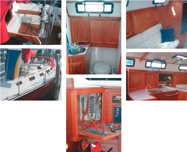 Images at left: the completed cockpit and the completed deck. In the center: the completely rebuilt head and the power panels. At right: the saloon and the galley.