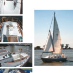 Blenheim, the Seafarer 30 owned by Richard and Joan Lybeck, gets underway, on facing page. A long view from the bow, at top, shows the forehatch and a second hatch just behind the mast. Next, a view of the teak ribbing on the sliding hatch and the Seafarer 30’s spacious cockpit. Wide and curvaceous coamings, at left, provide plenty of room for sheet winches. From bow to stern, the Seafarer offers just enough teak accents, bottom photo, to keep most woodworkers feeling satisfied but not overworked.