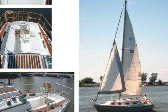 Blenheim, the Seafarer 30 owned by Richard and Joan Lybeck, gets underway, on facing page. A long view from the bow, at top, shows the forehatch and a second hatch just behind the mast. Next, a view of the teak ribbing on the sliding hatch and the Seafarer 30’s spacious cockpit. Wide and curvaceous coamings, at left, provide plenty of room for sheet winches. From bow to stern, the Seafarer offers just enough teak accents, bottom photo, to keep most woodworkers feeling satisfied but not overworked.