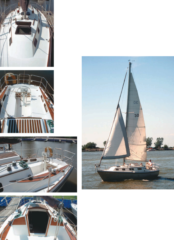 Blenheim, the Seafarer 30 owned by Richard and Joan Lybeck, gets underway, on facing page. A long view from the bow, at top, shows the forehatch and a second hatch just behind the mast. Next, a view of the teak ribbing on the sliding hatch and the Seafarer 30’s spacious cockpit. Wide and curvaceous coamings, at left, provide plenty of room for sheet winches. From bow to stern, the Seafarer offers just enough teak accents, bottom photo, to keep most woodworkers feeling satisfied but not overworked.
