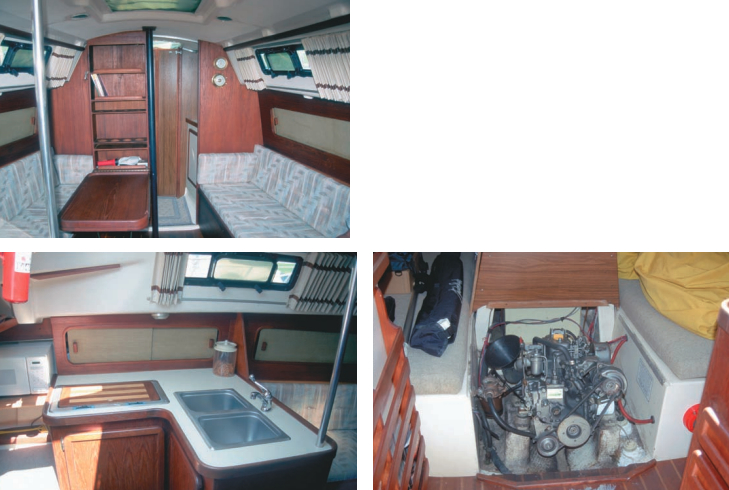 The cozy interior on Blenheim, at left, and the excellent engine access below. Blenheim has received a number of modifications over the years: opening ports throughout, storage cubbies in the cockpit coamings, a recirculating marine toilet, and 12-volt refrigeration.