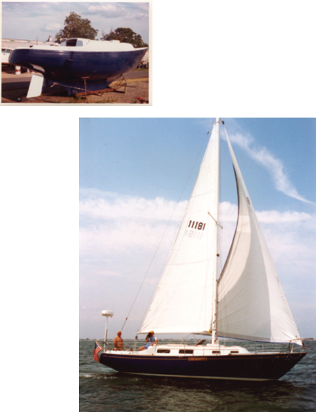 Ed and Pat Stanton’s McCurdy and Rhodes-designed Seafarer 34 is a pretty sight in New Jersey waters, at right. Ed began work on Serendipity in August of 1972 after receiving the bare hull, above, with just the engine, ballast, centerboard, and rudder installed. In spite of the massive amount of work necessary to turn an unfinished hull into a sailboat, Serendipity was launched the following May. She wasn’t ready for cruising just yet, but she was clearly a sailboat-in-waiting.