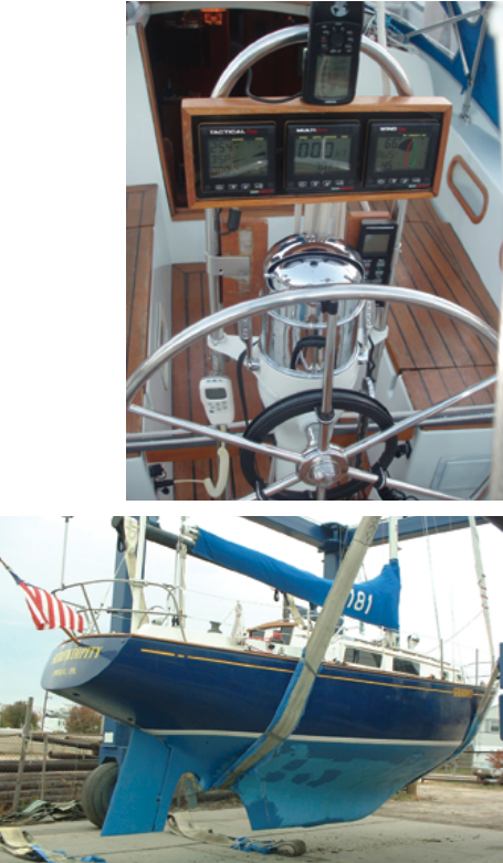 Because Serendipity is primarily single-handed, she has all the necessary instruments within reach in the cockpit, at right. Ed’s version of the Seafarer 34, below, has some unusual underwater modifications. The skeg, propeller shaft exit fairing, and centerboard have been revised. And while she is basically the sloop-rigged keel/centerboard model, her forefoot is a bit more cut away and her rudder has been squared off.