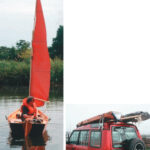 Steve Rea, designer of the Seahopper, and his friend, Geoff, arrived with a tender on an SUV. Oversized gun case on the rooftop? Nope. That’s the 7-foot 10-inch Seahopper in its compact state alongside its sailing rig. Geoff takes the middle-sized model for a spin, on facing page.