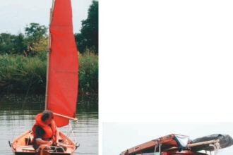 Steve Rea, designer of the Seahopper, and his friend, Geoff, arrived with a tender on an SUV. Oversized gun case on the rooftop? Nope. That’s the 7-foot 10-inch Seahopper in its compact state alongside its sailing rig. Geoff takes the middle-sized model for a spin, on facing page.