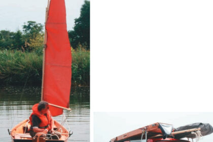 Steve Rea, designer of the Seahopper, and his friend, Geoff, arrived with a tender on an SUV. Oversized gun case on the rooftop? Nope. That’s the 7-foot 10-inch Seahopper in its compact state alongside its sailing rig. Geoff takes the middle-sized model for a spin, on facing page.