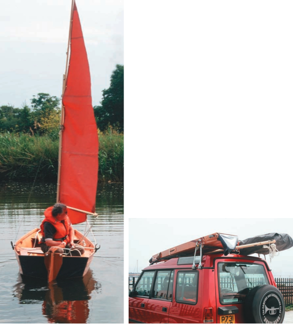Steve Rea, designer of the Seahopper, and his friend, Geoff, arrived with a tender on an SUV. Oversized gun case on the rooftop? Nope. That’s the 7-foot 10-inch Seahopper in its compact state alongside its sailing rig. Geoff takes the middle-sized model for a spin, on facing page.
