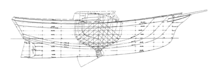 The Mystic ketch shows an unusually long shoal keel and good deadrise despite her moderate displacement/waterline length ratio of 240.