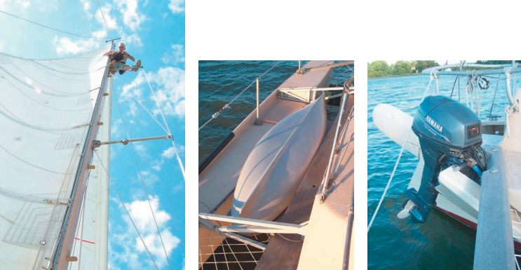 Jim makes a quick trip up the mast, at left. Jim’s dinghy, center, is easy to store on the net that is stretched from the main hull to one ama. The 9.9-hp outboard, right, can drive Scrimshaw at 5.5 to 7 knots (depending upon cruising load and sea state). It can be lifted and tilted clear of the water when under sail.