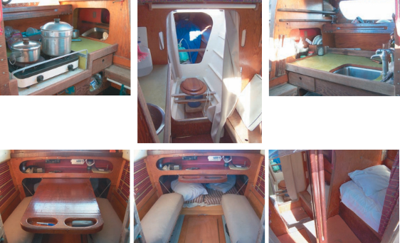 The design divides the accommodations into smaller pieces than a monohull sailor might be used to. All spaces aboard Scrimshaw are cozy. The galley has full standing headroom with a counter and sink to starboard, at top right, and a counter and stove to port, at top left. The head, center, is located forward under the foredeck. Bottom photos on facing page: the dinette with settees and a table, at left, that slides out of the way, center. The dinette turns into a cozy double bunk. The dinette sole is raised to accommodate a built-in ice chest. The forward berths, one shown on the right, which extend under the cockpit seats, are similar to pilot berths.