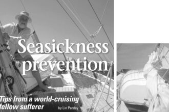Only a few fortunate souls are as immune to seasickness as is Larry Pardey, on facing page. Lin envied his ability to spend almost two hours restitching the head of their mainsail as they roared down 20-foot swells before 30-knot trade winds between Chile and the Marquesas. Lin’s stomach could not handle the heavy-weather windward work off the coast of Australia, at right, but once they lay hove to, she felt good enough again to eat a welcome warm meal.