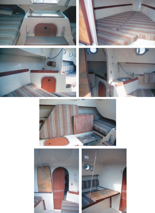 Companionway step and centerboard pendant, top left. V-berth, top right. Corner bureau in forward cabin, center left. Built-in stainless-steel sink with hand pump, center right. Stowage and gimbaled two-burner alcohol stove beneath starboard berth, center. Bulkhead separating main and forward cabins, with bulkhead-mounted table in stowed position, bottom left. Bulkhead-mounted table deployed, bottom right.