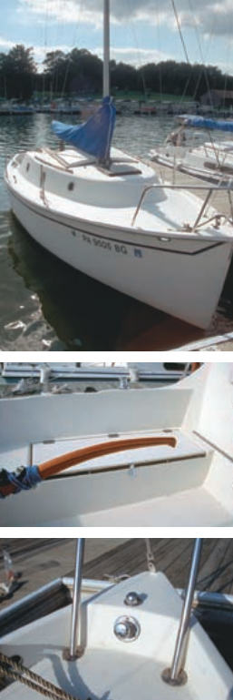 The Seaward 22 has an uncluttered foredeck and classic coachroof with little brightwork to attend to, at top. The cockpit is roomy with straight-backed coamings and a large locker on the port side, center, which provides on-deck access to the cooler. Five-inch-high bulwarks, bottom, start in the bow and taper to nothing 10 feet from the stern. Note the hawse pipe in the bow.