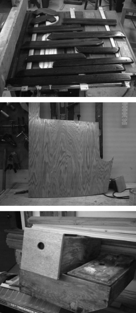 Salvaged from the scrap pile, the original mahogany trim cleaned up well, at top. The new oak main cabin starboard bulkhead, center, after staining and finishing. At bottom, the original storage drawers await their turn for a touch of the magic (refinishing) wand.