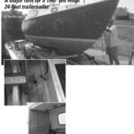 Jim sands and fills and sands and fills. The top photo was taken after the first week of sanding and filling. The original companionway steps and what remains of the original electrical panel, center. The aft port bulkhead, at right.