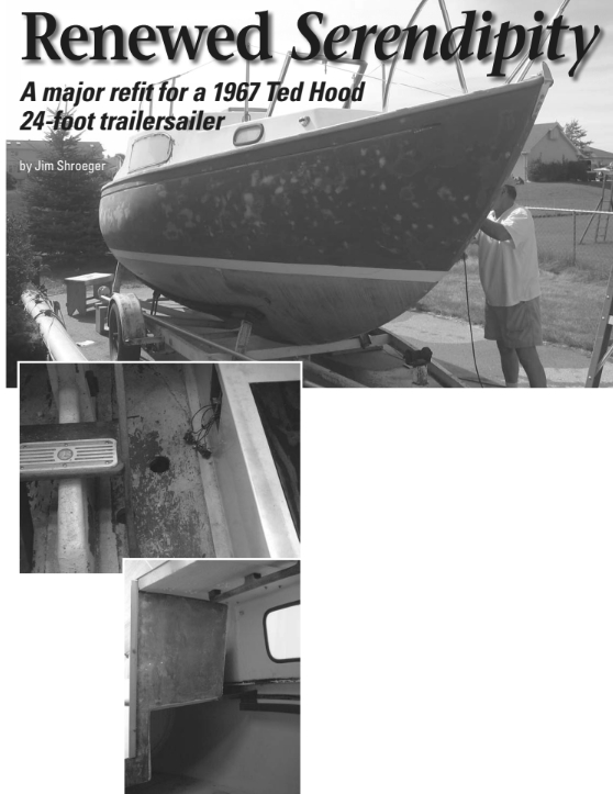 Jim sands and fills and sands and fills. The top photo was taken after the first week of sanding and filling. The original companionway steps and what remains of the original electrical panel, center. The aft port bulkhead, at right.
