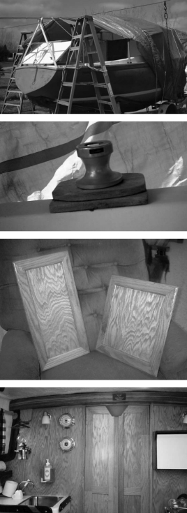 The winter cover, at top, had to provide access during the colder months. Jim was not content to be idle with a project boat in the yard. The original winch pads, center, were completely rotten. The replacement parts were made from mahogany shipping pallets salvaged from Home Depot. The new cabinet doors, lower center, were made from oak molding. The finished interior, at bottom. Serendipity’s cabin is bright and inviting.