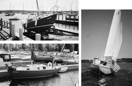 Launch day, at top above, for Serendipity, a Paceship Westwind 24. Her new trailer is a valuable part of the refit. She brightens the dock at Suttons Bay Marina, bottom above, on her first extended cruise. On her first sail after more than seven years, at right, Serendipity had forgotten nothing!