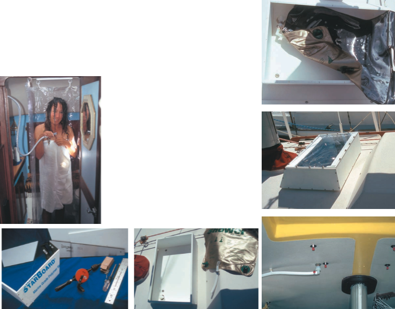 Rebecca has it all: a low-cost, elegant, and easy-to-build shower in the head of her 29- footer, as shown on top of facing page. The parts she used to create her shower, on facing page at left, and the on-deck container that holds the solar shower tank, this page at right. From top: The plumbing arrangement inside that container, the finished “hot water tank,” and the overhead plumbing arrangement in the head.