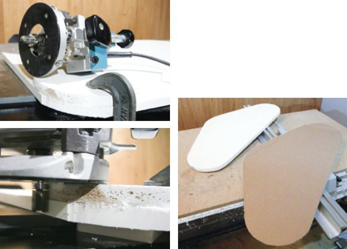 It takes some planning to clamp both the pattern and workpiece to a flat surface. You may need to move the workpiece around at least once so that you can trace the pattern completely, top left. With the pattern on top, a router bit with a pilot bearing on top follows the pattern you’ve created to make a duplicate in the weatherproof material, bottom left. This is a posed photo; in real life, you need to lower the router bit enough to clear the bottom of the workpiece. The cardboard template in the foreground was used to make the particleboard template in the background, below. The particle-board template was painted white so that it could be test-installed on the boat to give a realistic idea of what the finished product would look like.