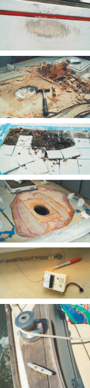 On the list of “wrongs” that Ted felt he had to address to make things “right” with his new boat were the slapdash repairs, at top, made with house paint and duct tape. He felt the boat that was to become Sundog deserved better. The soggy deck core also deserved and received Ted’s attention, center photos. He also replaced all exterior wood including toerails, trim, grabrails, and winch bases, bottom.