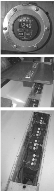 The Link 10 battery monitor, top, shows a reading of 12.40 volts. The four golf-cart batteries, above and center, which are combined to serve as a single house bank, are small enough to fit on a shelf above the keelbolts and below the cabin sole.