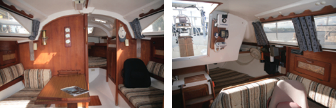 The Tanzer 31’s cabin is roomy, above left, with seating for four to six at the fold-out dining table. Tango has a quarter berth to port with a cockpit locker and the galley on the opposite side. Note the swing-out instrument panel with the VHF radio, along with the GPS and radar screens, available to the helmsman, above right.
