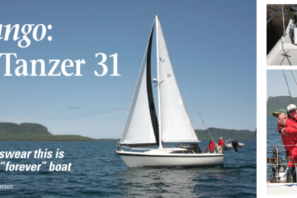 On facing page, Tony and Marianne Ouwehand venture far and wide on Lake Superior and Lake Huron with Tango, their 1985 Tanzer 31. Editors Jerry and Karen caught up with them not far from their home port: Thunder Bay, Ontario. This page: Tony added a larger Bruce anchor and installed a windlass, above. Although they raised a family, had fulfilling careers, and have many other interests, sailing plays an important role