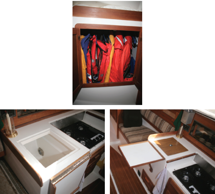 The wet locker is large enough to store all the coats and foul weather gear necessary for two people who cruise Lake Superior in all kinds of weather, at left. Because Tango is the Ouwehands’ “forever” boat, Tony and Marianne have put a lot of work into making her exactly the way they think a cruising boat should be. Tony replaced the two-burner stove with a three-burner unit and upgraded the refrigerator and icebox, below left, with insulation and a clever thermosiphon. One of the primary selling points for Marianne was the flip-up counter in the Tanzer’s galley, below right.